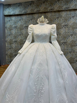 Regal High-Neck Beaded Ball Gown with Puff Sleeves and Intricate Embellishments