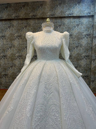 Majestic Long-Sleeve High Neck Beaded Ball Gown with Dramatic Shoulder Details and Luxurious Train