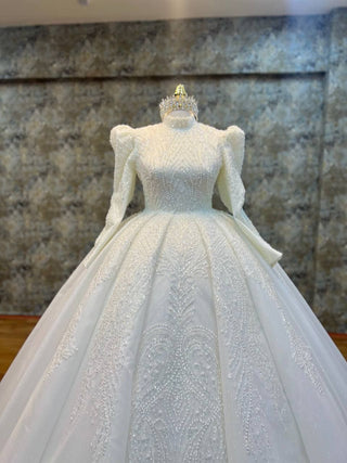 Majestic Long-Sleeve High Neck Beaded Ball Gown with Dramatic Shoulder Details and Luxurious Train