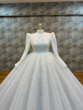 Royal Long-Sleeve High Neck Beaded Ball Gown with Dramatic Puffed Shoulders and Grand Train