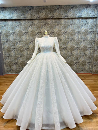 Royal Long-Sleeve High Neck Beaded Ball Gown with Dramatic Puffed Shoulders and Grand Train