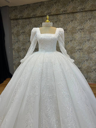 Elegant Long-Sleeve Square Neck Beaded Ball Gown with Intricate Embellishments and Grand Train