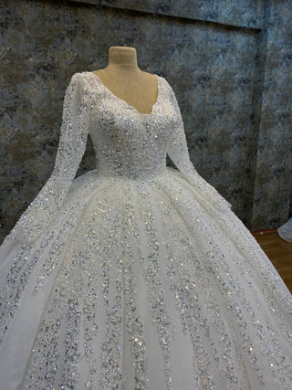 Glorious Long-Sleeve V-Neck Beaded Ball Gown with Sparkling Embellishments and Grand Train