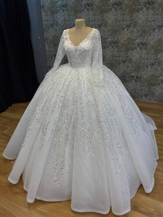 Glorious Long-Sleeve V-Neck Beaded Ball Gown with Sparkling Embellishments and Grand Train