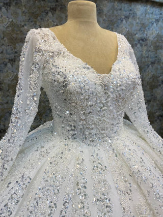 Glorious Long-Sleeve V-Neck Beaded Ball Gown with Sparkling Embellishments and Grand Train