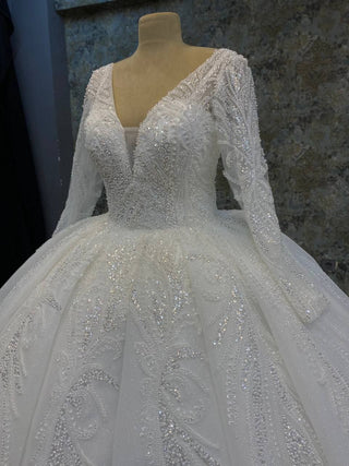 Exquisite Long-Sleeve Deep V-Neck Beaded Ball Gown with Intricate Embellishments and Majestic Train