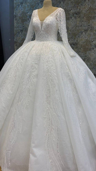 Exquisite Long-Sleeve Deep V-Neck Beaded Ball Gown with Intricate Embellishments and Majestic Train