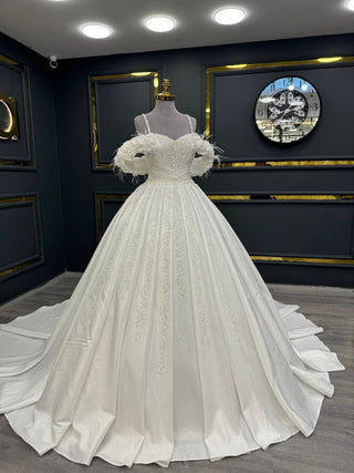 Luxurious Beaded Ball Gown with Floral Off-Shoulder Sleeves and Grand Train