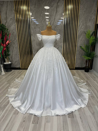 Timeless Off-Shoulder Satin Ball Gown with Delicate Beadwork and Ruched Bodice