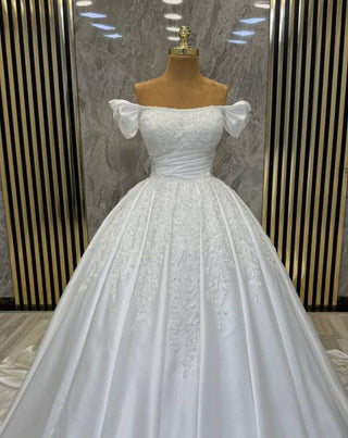 Timeless Off-Shoulder Satin Ball Gown with Delicate Beadwork and Ruched Bodice