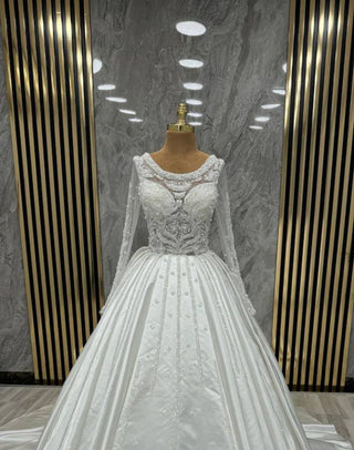 Regal Full-Sleeve A-Line Gown with Luxurious Beading, Illusion Neckline, and Embroidered Bodice