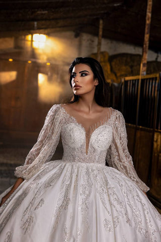 Exquisite Full-Sleeve Ball Gown with Intricate Beadwork, Plunging Illusion Neckline, and Embroidered Bodice