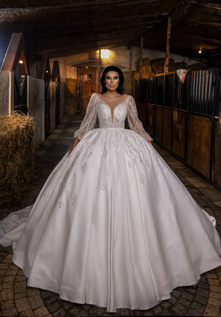 Exquisite Full-Sleeve Ball Gown with Intricate Beadwork, Plunging Illusion Neckline, and Embroidered Bodice