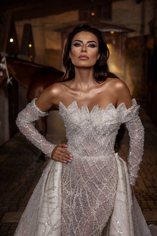 Sumptuous Off-the-Shoulder Sheer Ball Gown with Exquisite Beadwork and Detachable Train