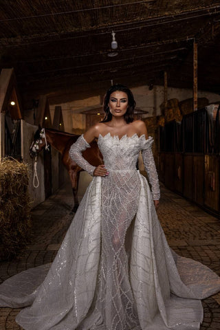 Sumptuous Off-the-Shoulder Sheer Ball Gown with Exquisite Beadwork and Detachable Train