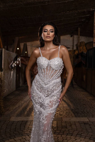 Luxurious Sheer Beaded Mermaid Gown with Floral Embroidery and Spaghetti Straps