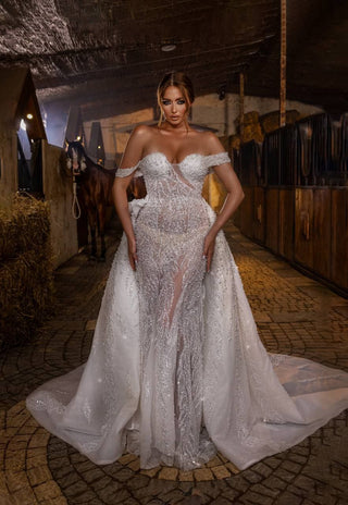 Opulent Off-the-Shoulder Sheer Mermaid Gown with Elaborate Beadwork and Detachable Train