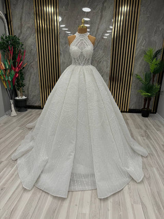 Grand High-Neck Beaded Ball Gown with Intricate Patterns and Luxurious Skirt