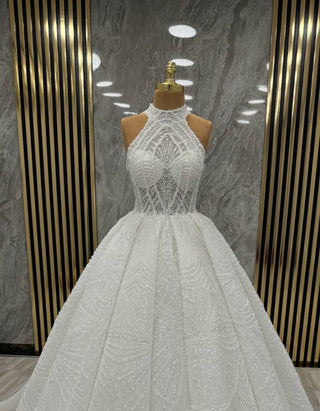 Grand High-Neck Beaded Ball Gown with Intricate Patterns and Luxurious Skirt