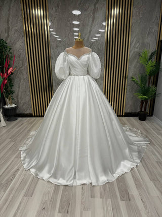 Elegant Puff-Sleeve A-Line Gown with Illusion Neckline and Beaded Accents