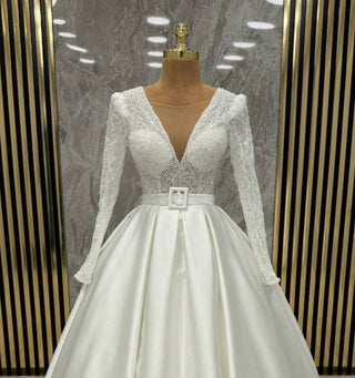 Timeless V-Neck Lace Bodice A-Line Gown with Satin Skirt and Beaded Belt