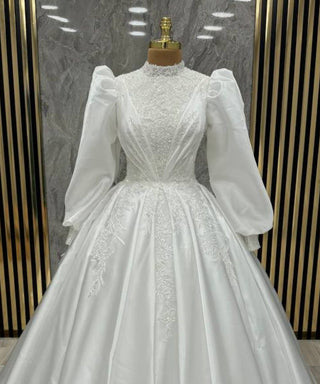 Victorian-Inspired High-Neck Satin Ball Gown with Puff Sleeves and Lace Embellishments