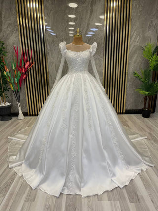 Romantic Illusion Neckline Ball Gown with Beaded Lace and Puff Sleeves