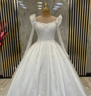 Romantic Illusion Neckline Ball Gown with Beaded Lace and Puff Sleeves