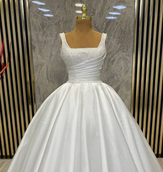 Opulent Square-Neck Beaded Satin Ball Gown with Sculpted Waist and Full Train