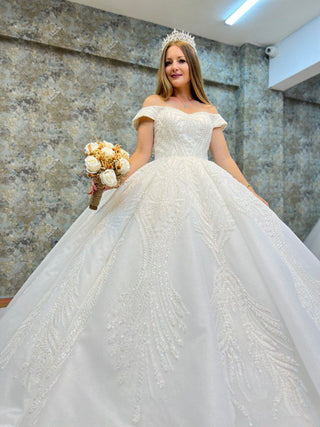 Opulent Off-the-Shoulder Beaded Satin Ball Gown with Intricate Embellishments and Regal Train