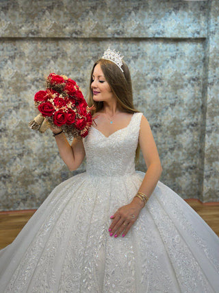 Stunning V-Neck Beaded Satin Ball Gown with Intricate Embellishments and Majestic Train