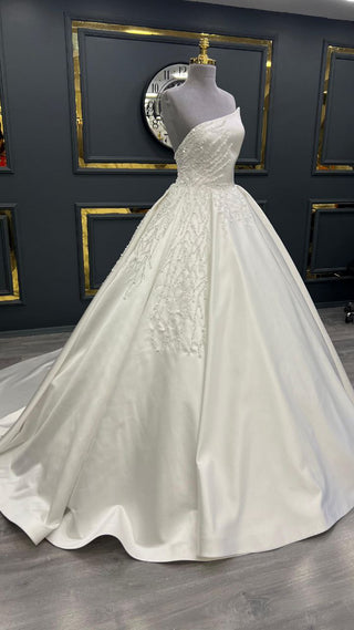 Opulent Off-Shoulder Beaded Satin Ball Gown with Cascading Embellishments and Grand Train