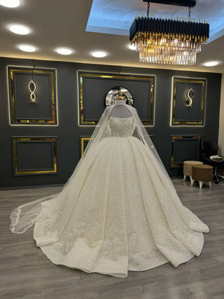 Majestic High-Neck Beaded Ball Gown with Sheer Detachable Beaded Cape