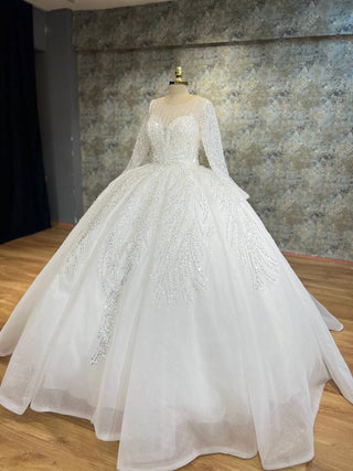 Stunning Ball Gown with Sparkling Embellishments, Sheer Long Sleeves, and Illusion Neckline