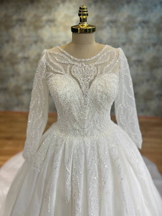 Elegant Ball Gown with Beaded Appliques, Illusion Neckline, and Long Sheer Sleeves