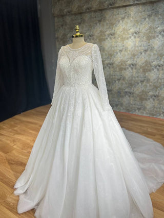 Elegant Ball Gown with Beaded Appliques, Illusion Neckline, and Long Sheer Sleeves