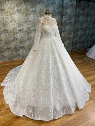 Regal Ball Gown with Beaded Lace Appliques, High Neckline, and Long Sheer Sleeves