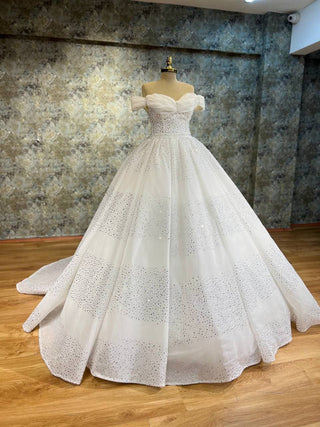 Ethereal Ball Gown with Rhinestone Embellishments, Off-Shoulder Sleeves, and Sweetheart Neckline