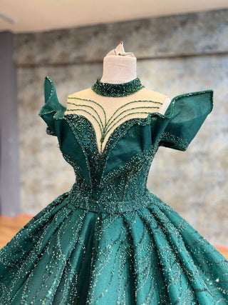 Majestic Green Ball Gown with Beaded Embellishments, High Neckline, and Layered Skirt