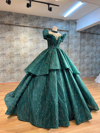 Majestic Green Ball Gown with Beaded Embellishments, High Neckline, and Layered Skirt