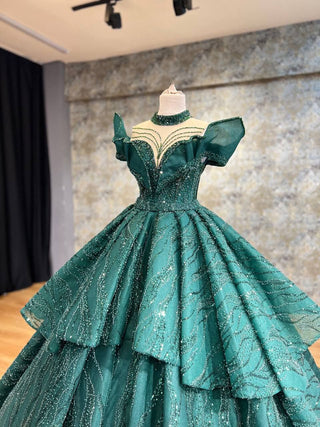 Majestic Green Ball Gown with Beaded Embellishments, High Neckline, and Layered Skirt