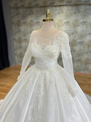 Opulent Regal Princess Wedding Gown with Sheer Illusion Sleeves and Exquisite Lace Appliques