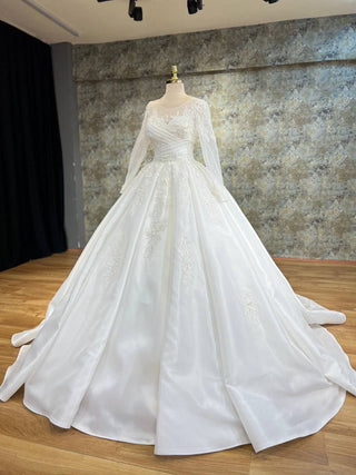 Opulent Regal Princess Wedding Gown with Sheer Illusion Sleeves and Exquisite Lace Appliques