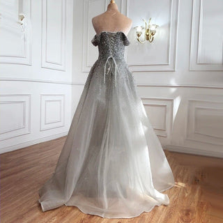 Dubai Grey Full Crystals Evening Dress 2024: Off Shoulder, Sexy Luxury Mermaid Formal Party Wear Gown