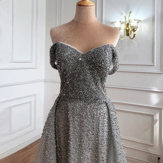 Dubai Grey Full Crystals Evening Dress 2024: Off Shoulder, Sexy Luxury Mermaid Formal Party Wear Gown