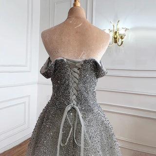 Dubai Grey Full Crystals Evening Dress 2024: Off Shoulder, Sexy Luxury Mermaid Formal Party Wear Gown