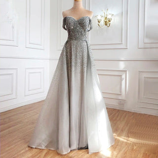 Dubai Grey Full Crystals Evening Dress 2024: Off Shoulder, Sexy Luxury Mermaid Formal Party Wear Gown