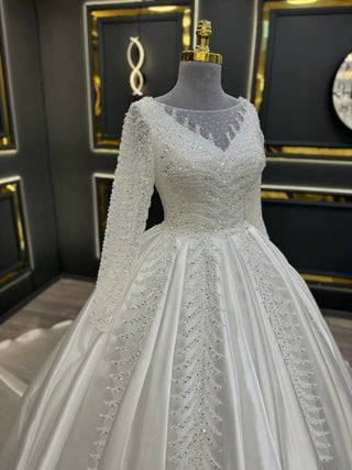 Exquisite Royal Ball Gown Wedding Dress with Sparkling Beadwork and Sheer Illusion Sleeves