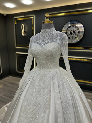 Regal High-Neck Wedding Gown with Embellished Illusion Bodice and Lavish Beadwork