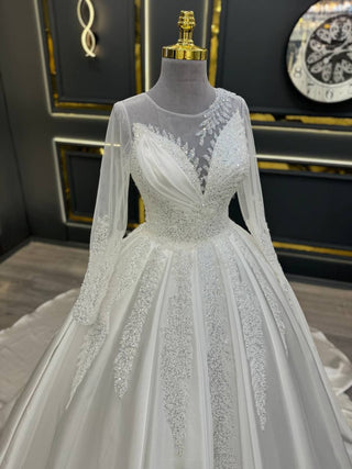 Luxe Illusion Lace Wedding Gown with Beaded Appliques and Sheer Sleeves